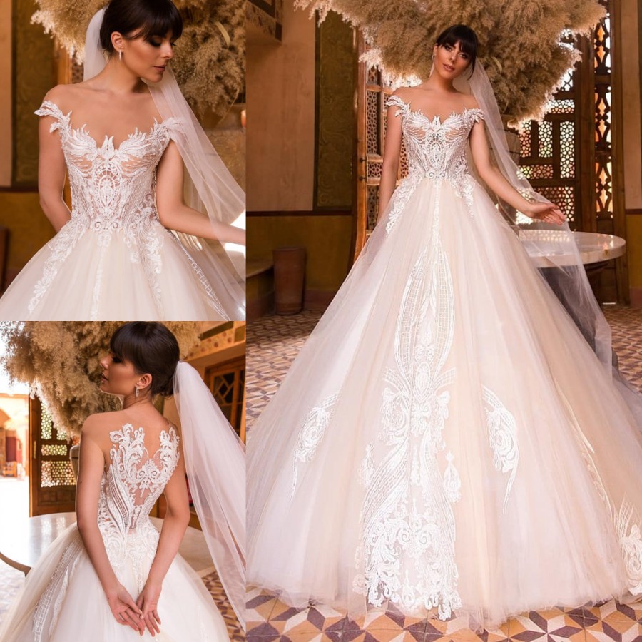 A Line Gorgeous Beaded Lace Wedding Dresses Sheer Off The Shoulder Appliqued Bridal Gowns Chapel Train Tulle Robe De Marie ppliqued