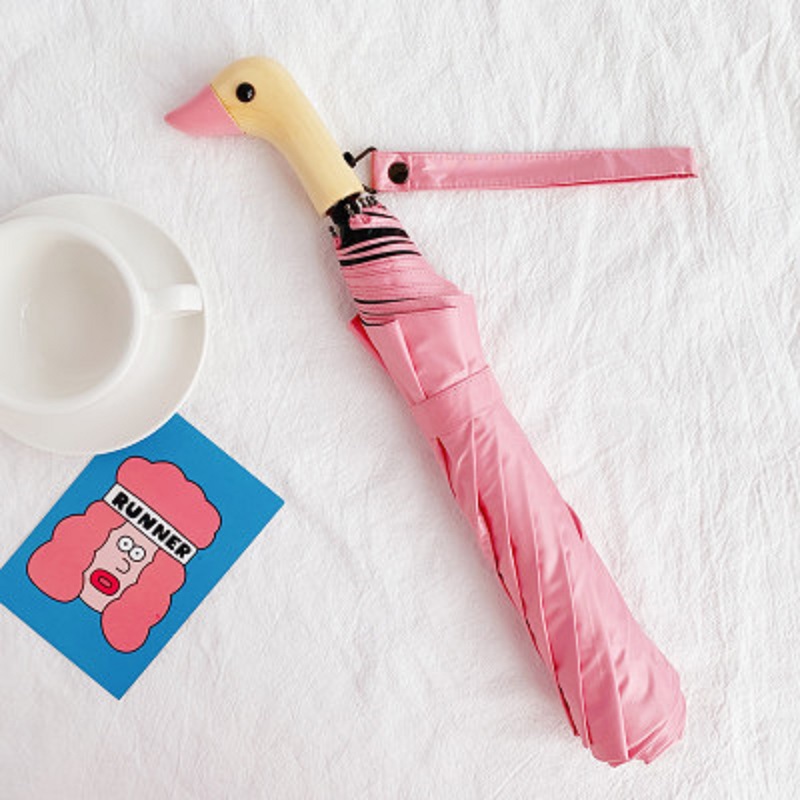 Duck Head with Wooden Handle Umbrella Personality Automatic Yang Cover Duck Head Umbrella 2 folding Sunscreen