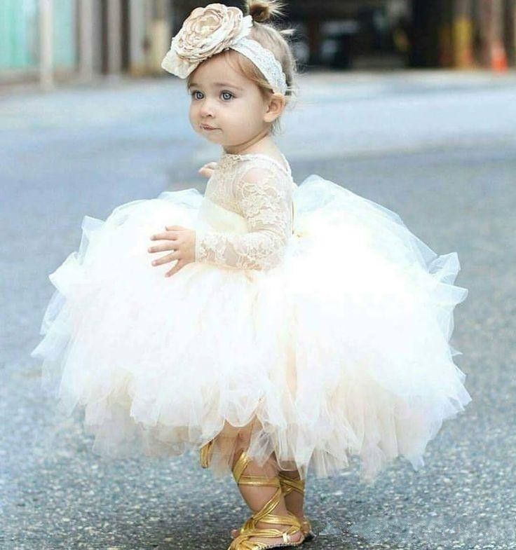 Cheap 2020 Lovely Flower Girls' Dresses Ivory Baby Infant Toddler Baptism Clothes Long Sleeves Lace Tutu Ball Gowns Birthday Party Dress