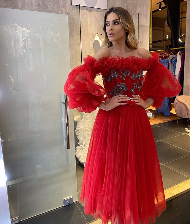 2020 Ankle Length Red Evening Dresses Strapless A Line Ruffles Appliques Beads Cheap Prom Dresses Custom Made Long Sleeve Formal Party Gowns