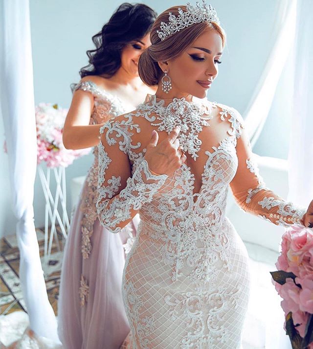 urious 2020 African Mermaid Dresses With Detachable Train High Neck Lace Bridal Dress Long Sleeves Plus Size Wedding Gowns
