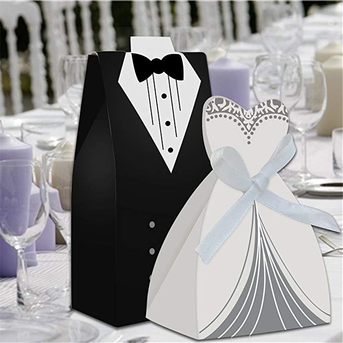 Creative Favor Holder Tuxedo bridal Dress candy boxes 50pcs bulk Candy Chocolate Gift Box Bonbonniere for wedding holders Laser Cut card with ribbon 2