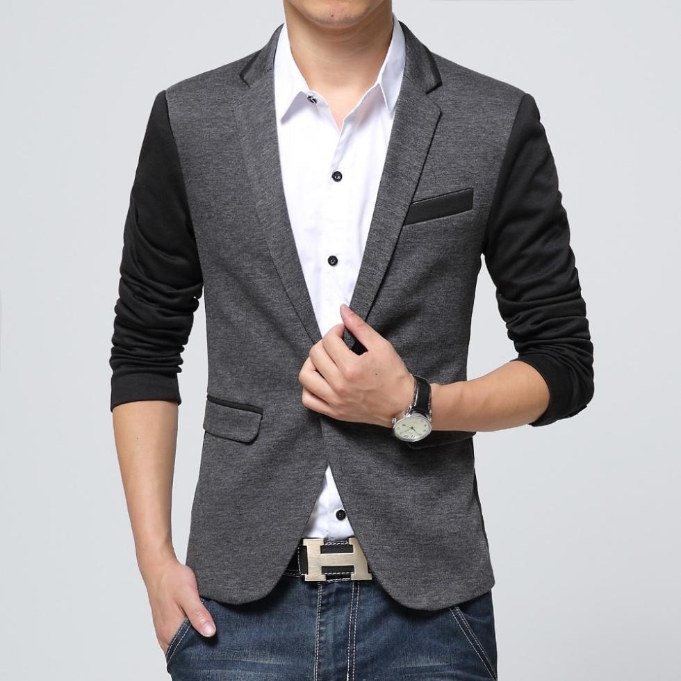 New Slim Fit Casual jacket Cotton Men Blazer Jacket Single Button Gray Mens Suit Jacket 2018 Autumn Patchwork Coat Male Suite CJ191210