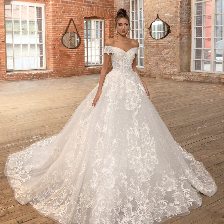 Lace Graceful Sequined Wedding Dresses Off The Shoulder Neck Beaded Bridal Gowns A Line Sweep Train Tulle Robe De Marie