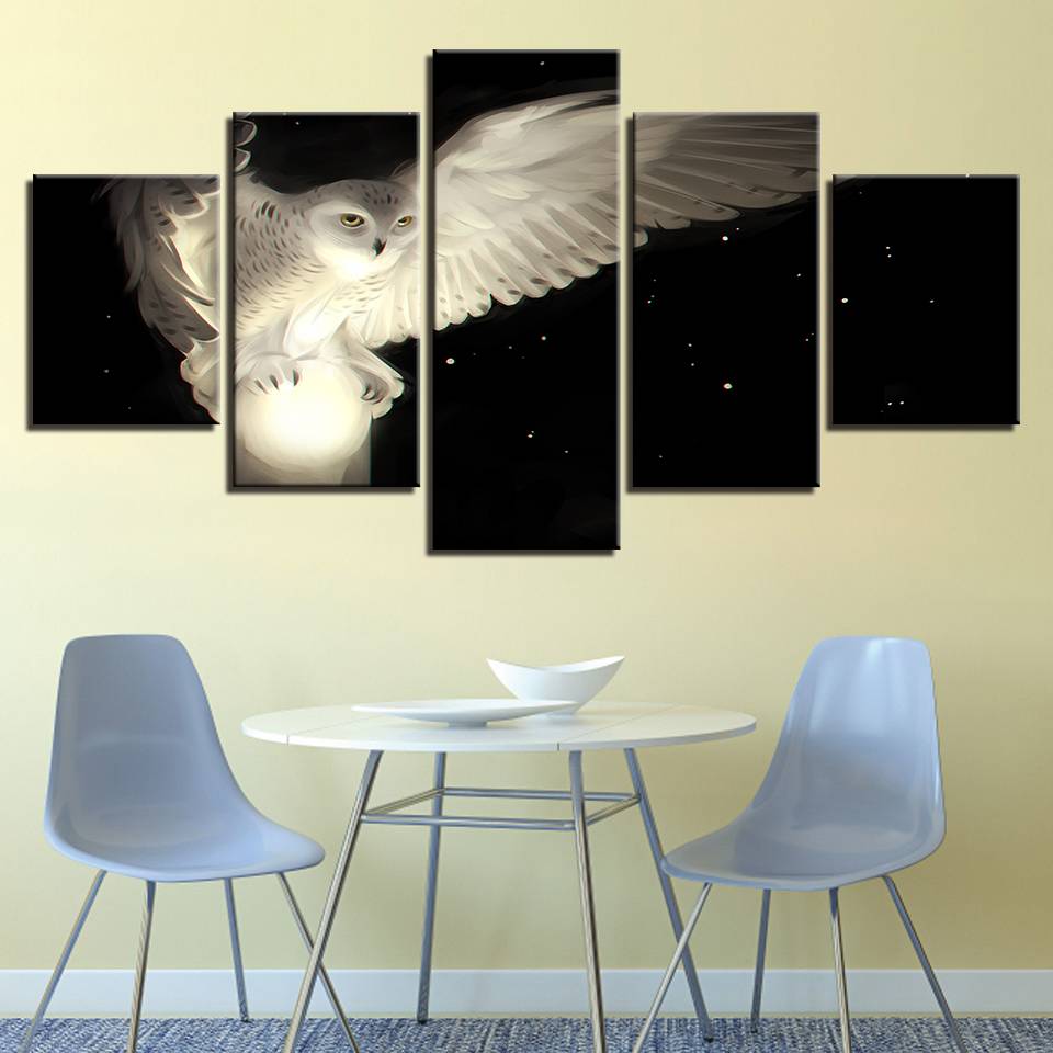 Art Modular Painting 5 Pieces White Owl Poster Decoration Home Living Room HD Printed Animal Picture On Canvas (No Frame)