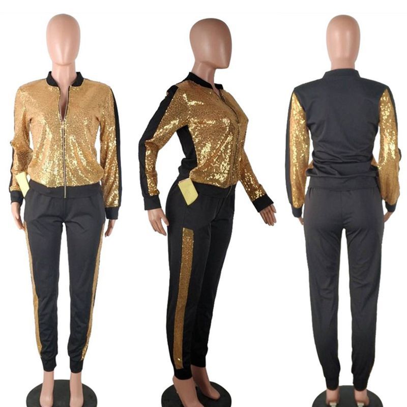 ZKYZWX Plus Size Sequin 2 Piece Set Women Fall Winter Festival Clothing Jacket Pant Two Piece Matching Sets Sexy Club Outfits