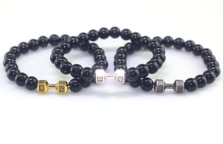 Shiny Dumbbell Bracelet Couple Bracelet Fitness Dumbbell Black Shiny Beaded Bracelet WY357