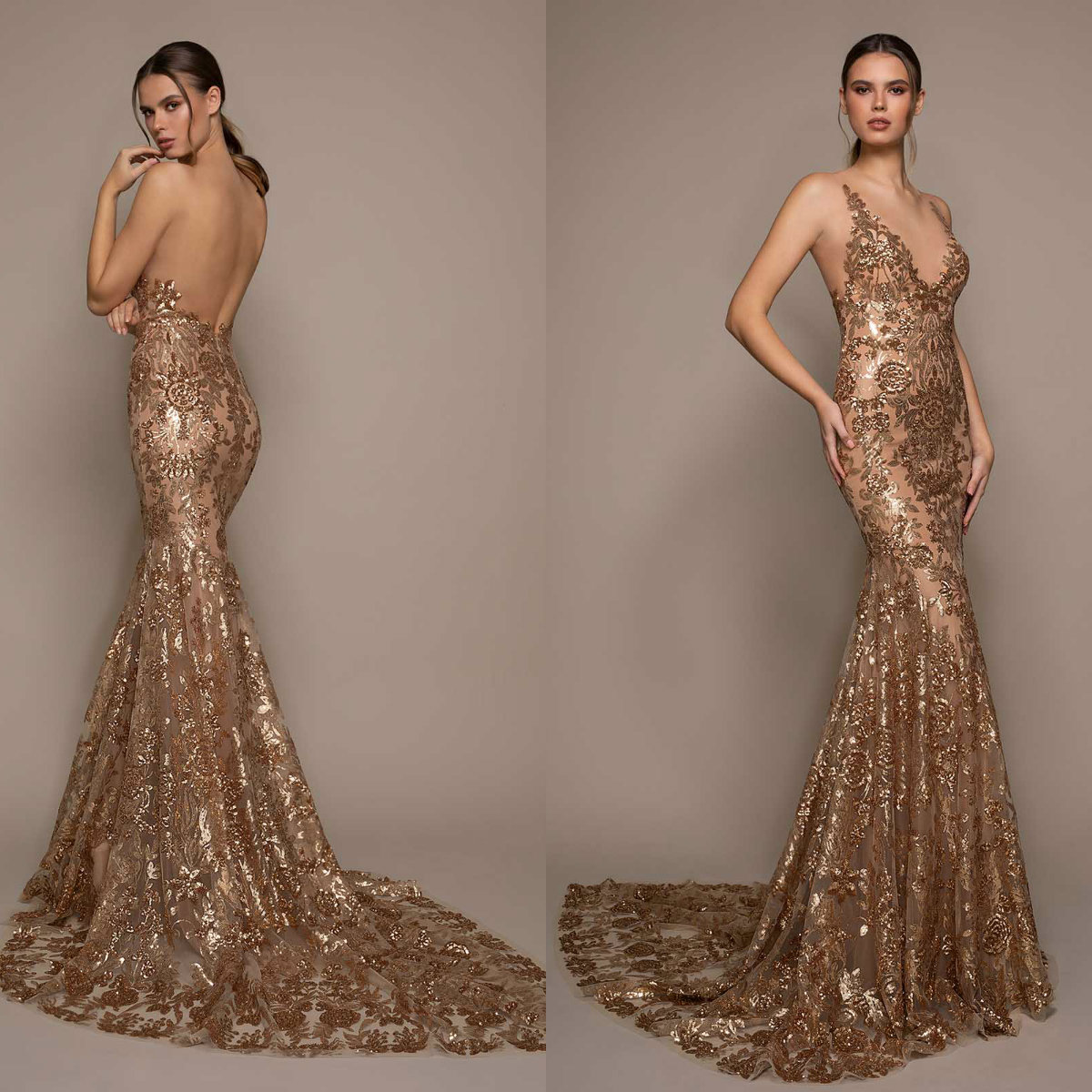 Gorgeous Gold Mermaid Evening Dresses Lace Appliqued V Neck Sleeveless Robe De Soiree Backless Sexy Prom Gowns with Sequins