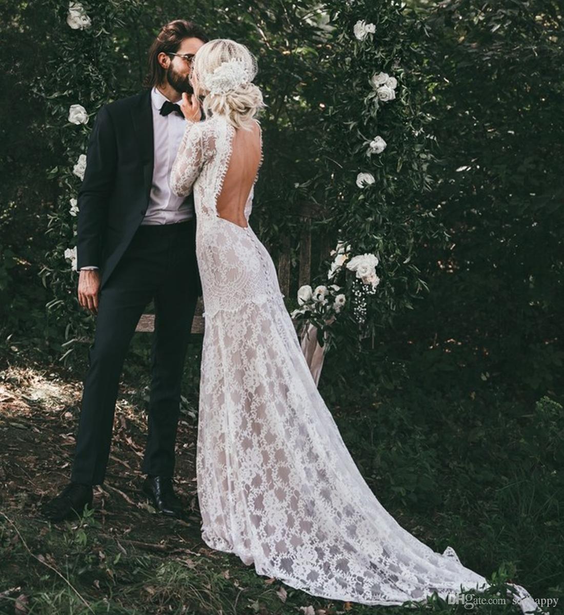 Vintage Full Lace Mermaid Wedding Dresses Long Sleeves HIgh Jewel Neck Backless Sweep Train Wedding Dress Bridal Gowns Vestidos De Noiva