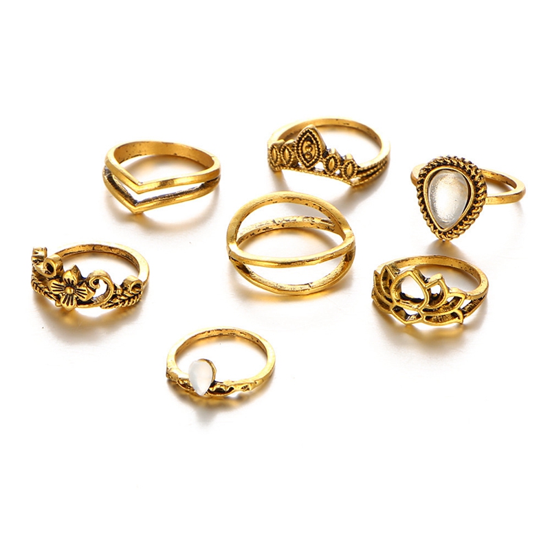 Retro Openwork Flower Gems Geometry 7 Piece Set Turquoise Moon Arrow Loop Fashion Ring Set Bohemian Stackable Set for Female Girls