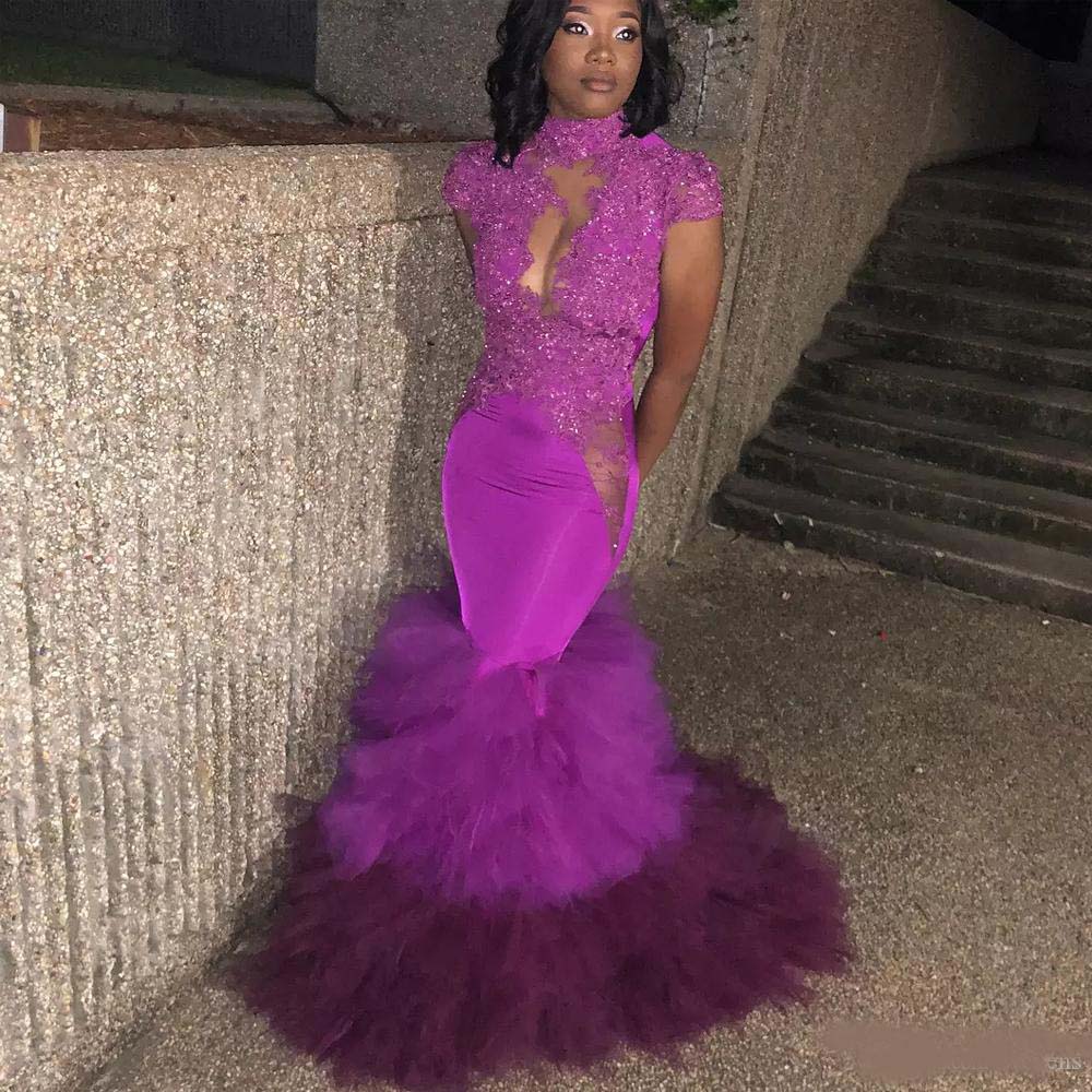 Fuchsia High Neck Mermaid Prom Dresses Backless with Appliques Sequined Party Gowns Tulle Skirt Long Evening Dress