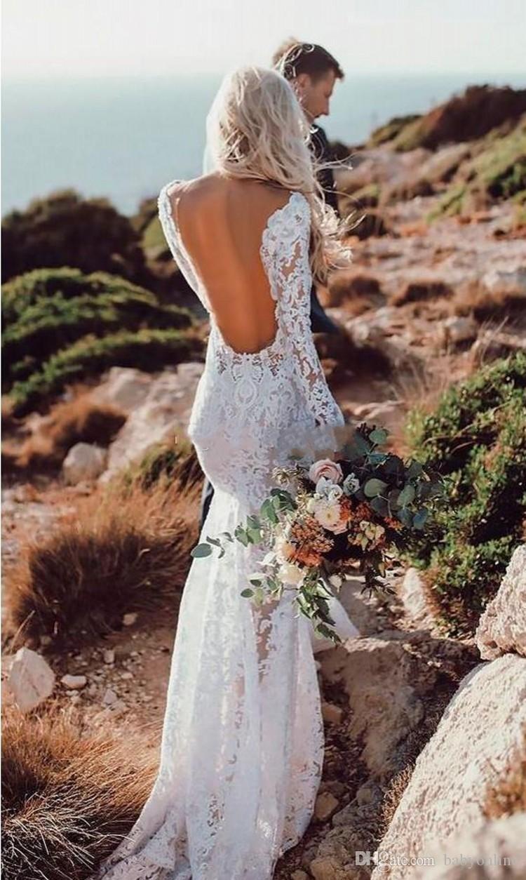 Vintage Lace Elegant Mermaid Dresses Sexy Long Sleeves Deep V Neck Or Length Backless Beach Boho Wedding Dress Bridal Gowns