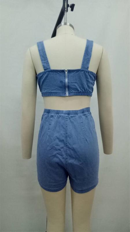 Adogirl Women Denim Two Piece Set Strapless Spaghetti Straps Zipper Back Crop Top Jeans Shorts Fashion Summer Club Suits Outfits