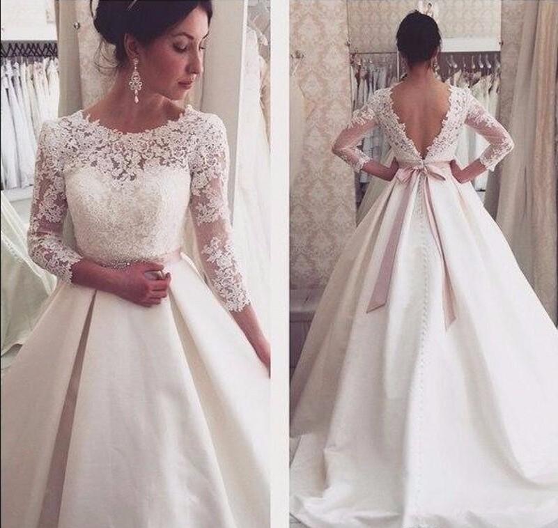 2019 3/4 Sleeves Lace Wedding Dresses Backless Satin A Line beading sash stain Wedding Gowns Bridal gowns robe de mariage court train