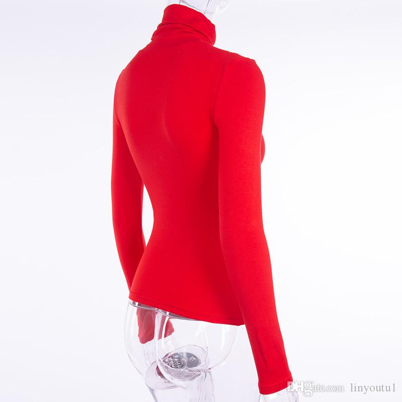 2020 Turtleneck Skinny Hanging Ring Decoration Tops Autumn Women Slim Elastic Long Sleeve T-Shirt Solid Streetwear Pullovers