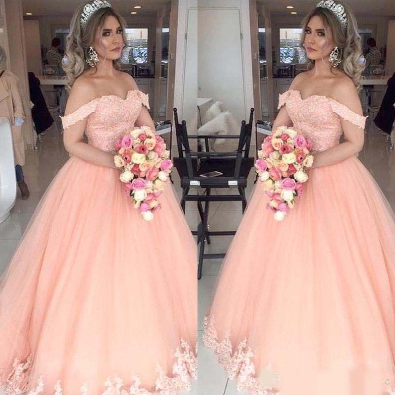 Ball Gown Peach Quinceanera Dresses Off Shoulder Appliques Beads Tulle 16 Sweet Girl Prom Dresses Party Gowns Custom Made