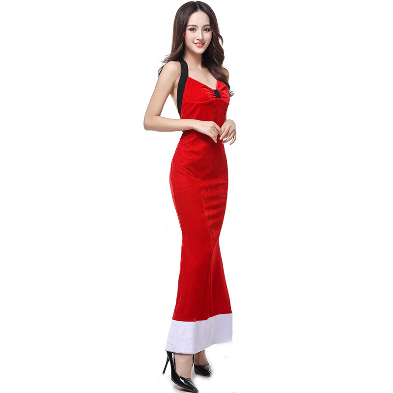 Women's Backless Red Christmas Velvet Long Evening Party Dress with White Fuzzy Trim Ankle Length Costume Role Play Clubwear Free Size