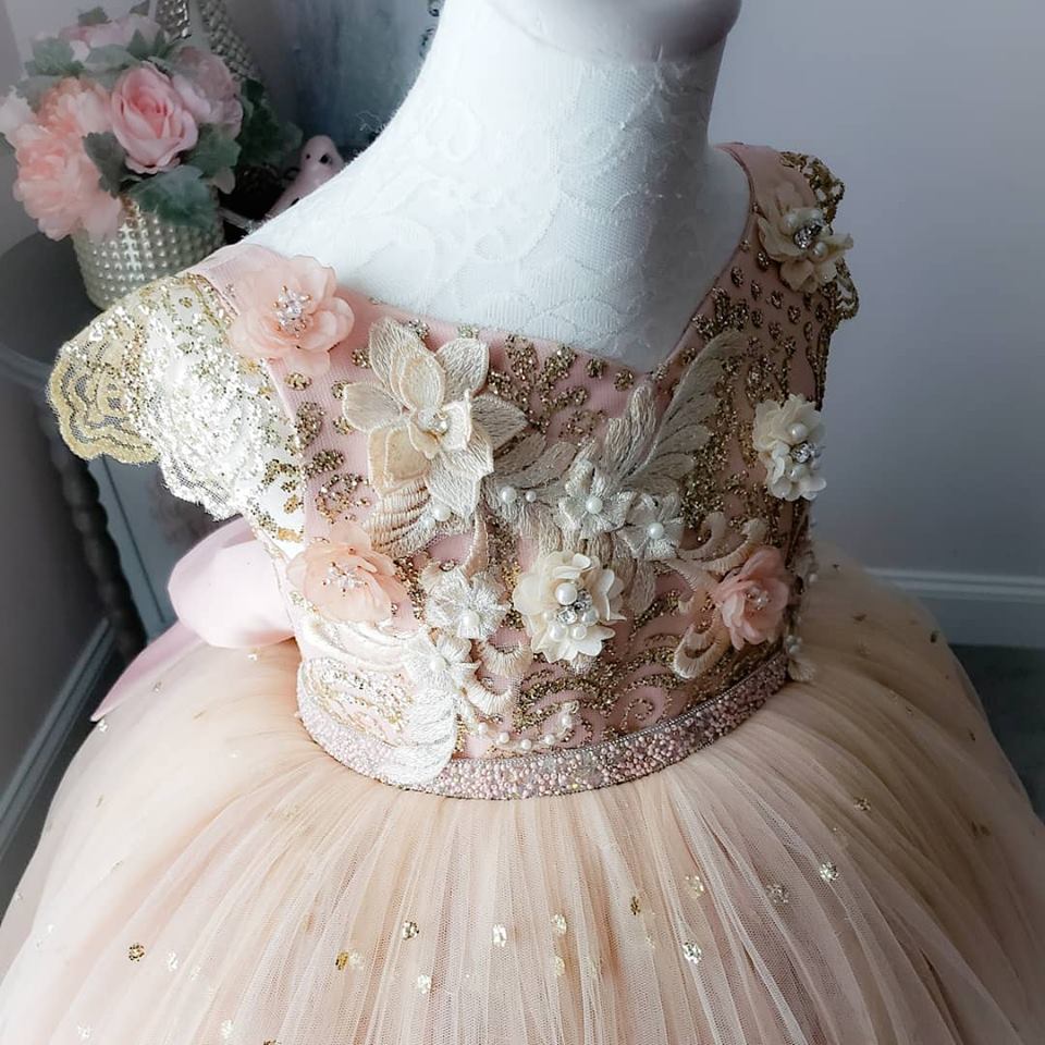 vintageinspired sparkling lace flower girl outfit with flowers and pearls formal pageant dress f054