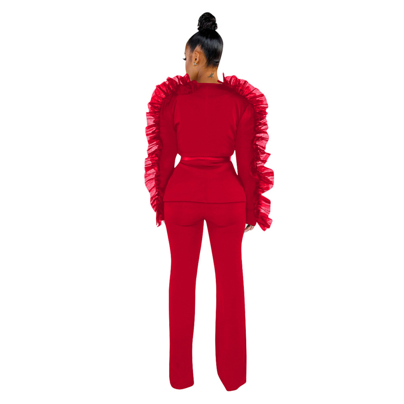 Solid Mesh Ruffle Fashion Two Piece Set: Blazer & Wide Leg Pants B4