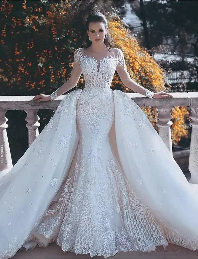luxury dubai mermaid wedding dresses long sleeve lace crystal beaded detachable train plus size chapel saudi arabic caftan bridal gowns
