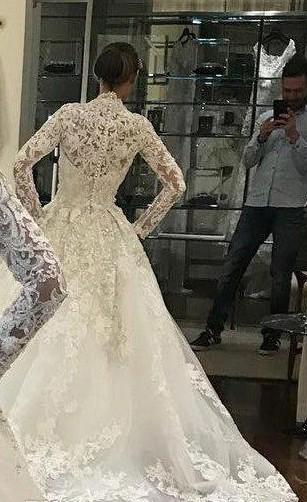 Long Sleeves Newest Dresses Lace Applique High Neck Sweep Train Tulle Wedding Gown Vestido De Novia Plus Size Custom Mdae