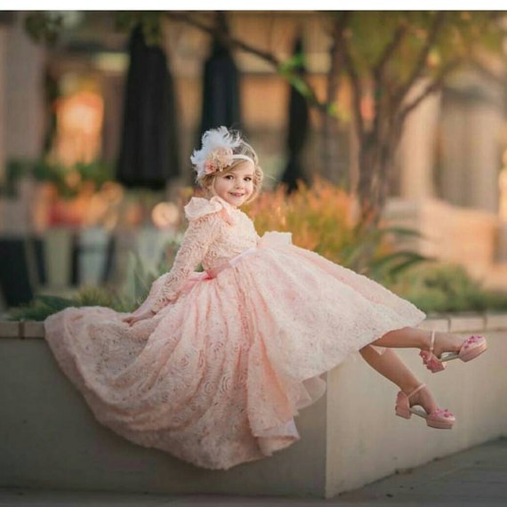 Pink Lace Flower Girl Dresses With Ruffles Jewel Neck Lace 3D Floral Appliqued A Line Backless Girls Pageant Dress High Long Sleeve Gowns