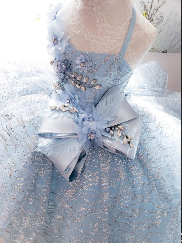 glitter tulle flower girl dresses light blue sequine first communion gowns for little girl ball gown princess girls pageant dresses