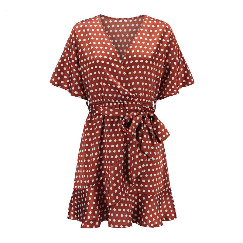 yinlinh Red Polka Dot Summer Dress Short Sleeve V Neck Sexy Mini Dress Women Sash Slim Waist Irregular Ruffles pea Vestidos 304 Y19012102