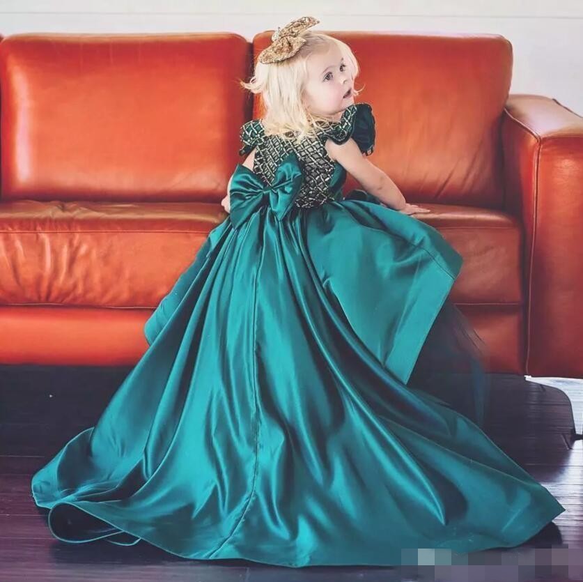 Wer Green Vintage Girls Dresses High Low Satin Bow Cap Sleeves Tulle Birthday Party Gown Kid Pageant Formal Wear Custom Made