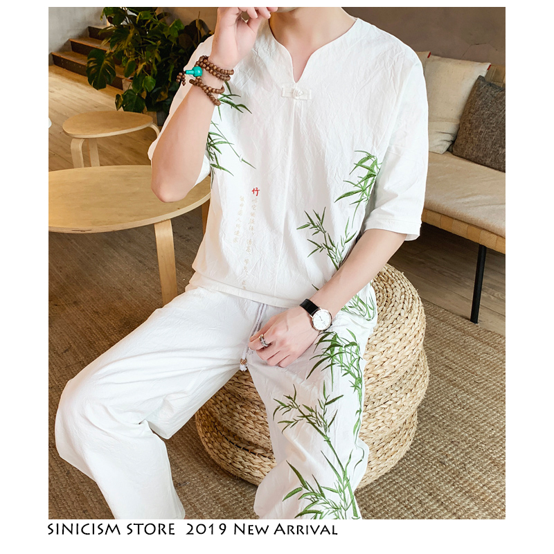 Sinicism Store Bamboo Embroidery Tracksuit Men 2019 Mens Summer Linen Sweatsuits Male Streetwear Chinese Vintage 2 Piece Sets