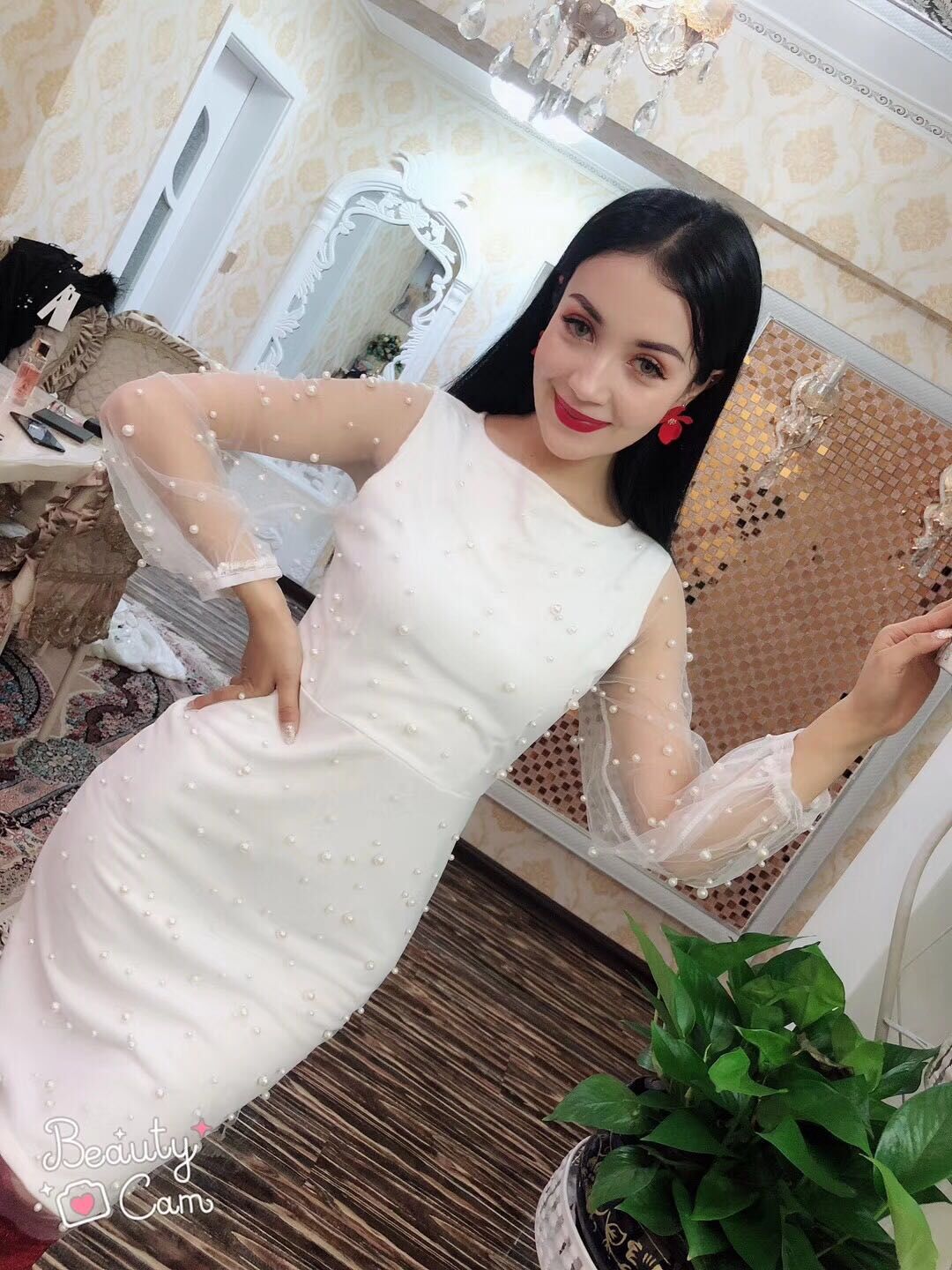 European design fashion womens new gauze patchwork long sleeve beading slim waist pencil knee length dress plus size SML