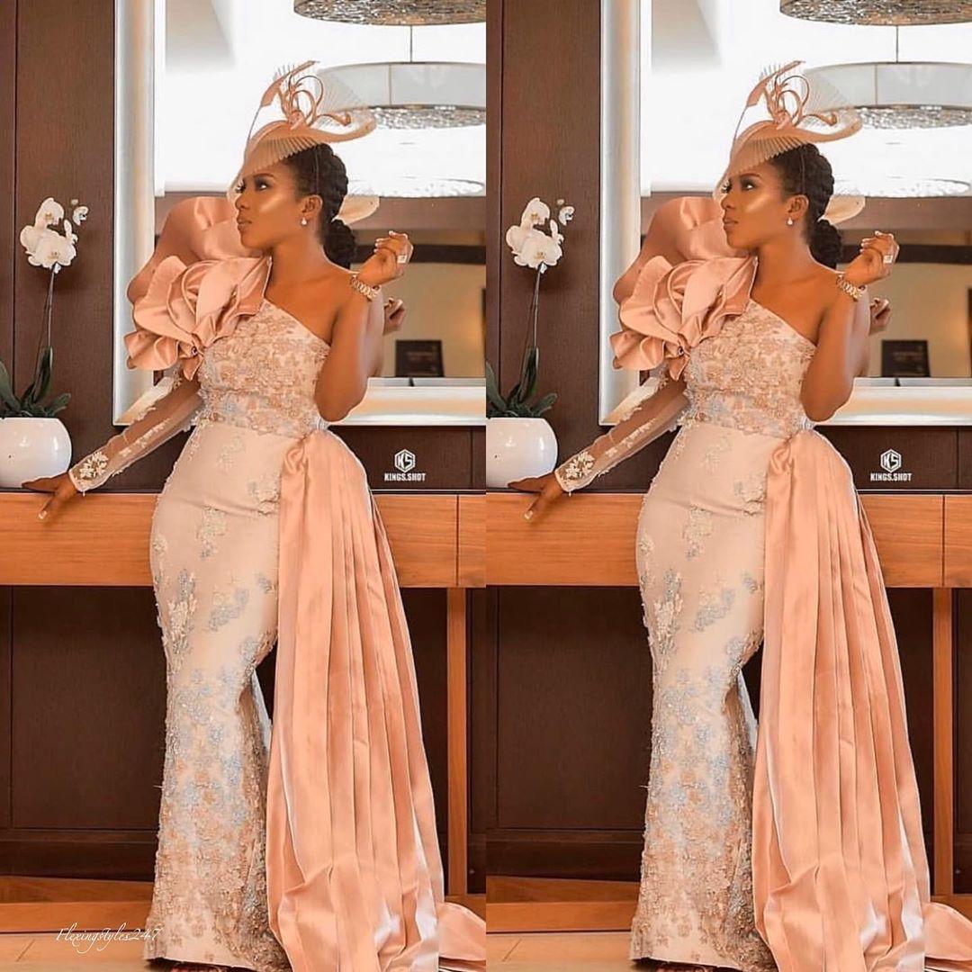Arabic Aso Ebi Lace Beaded Mermaid Evening Dresses Long Sleeve One Shoulder Prom Dresses Cheap Formal Party Second Reception Gowns