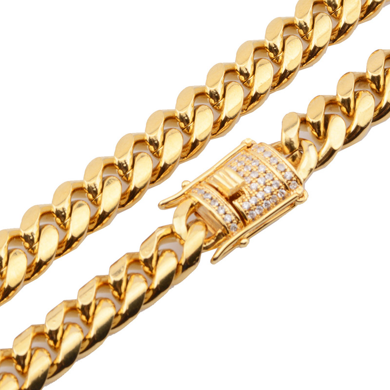 818mm wide Stainless Steel Cuban Miami Chains Necklaces CZ Zircon Box Lock Big Heavy Gold Chain for Men Hip Hop Rock jewelry