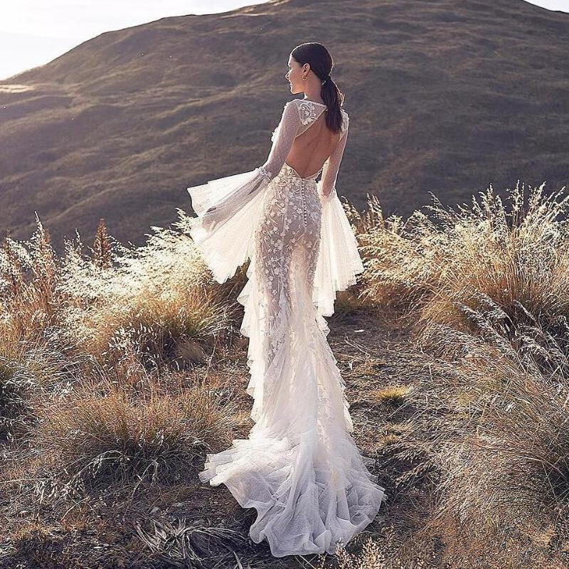 Bohemian Mermaid Wedding Dresses V Neck Lace Appliqued Long Sleeve Side Split Bridal Gowns Wedding Dress vestidos de novia
