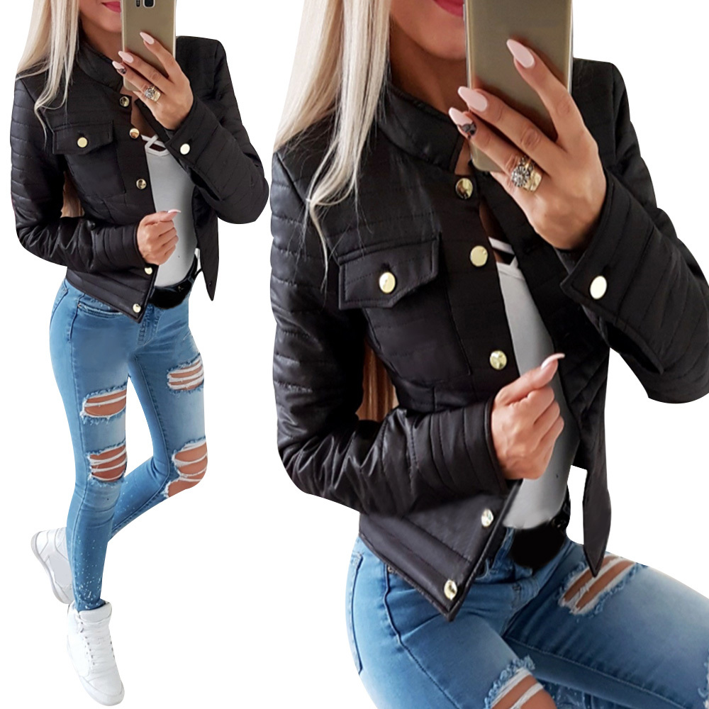 Women Jacket Autumn Winter Black Jacket Fashion Elegant Button Short Coat Solid Colour Slim manteau femme Casual Streetwear D30 S20200106