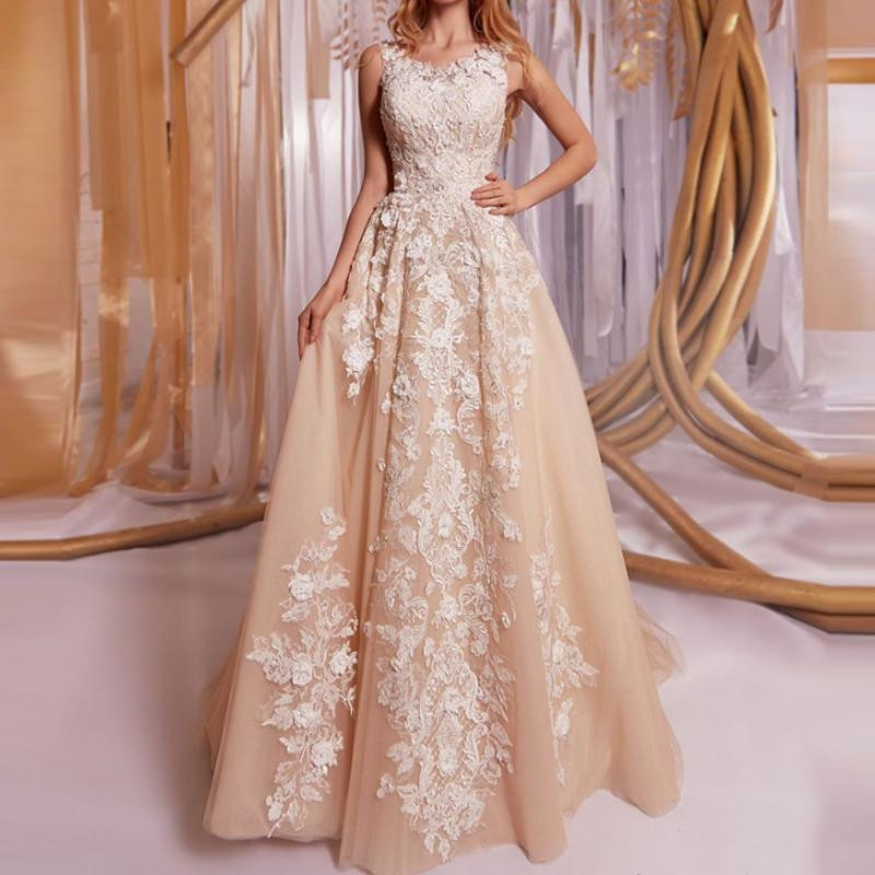 Dresses Champagne Gorgeous Jewel Neck Lace Appliqued Cheap Boho Country Wedding Dress Bridal Gown Robe De Marie