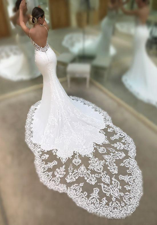 Beautiful Lace Appliques Wedding Dresses New Arrival Spaghetti Straps Mermaid Bridal Gowns With Court Train