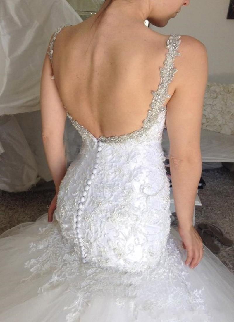 2020 New Mermaid Wedding Dresses Spaghetti Straps Lace Appliques Silver Crystal Beaded Court Train Plus Size Backless Plus Size Bridal Gowns