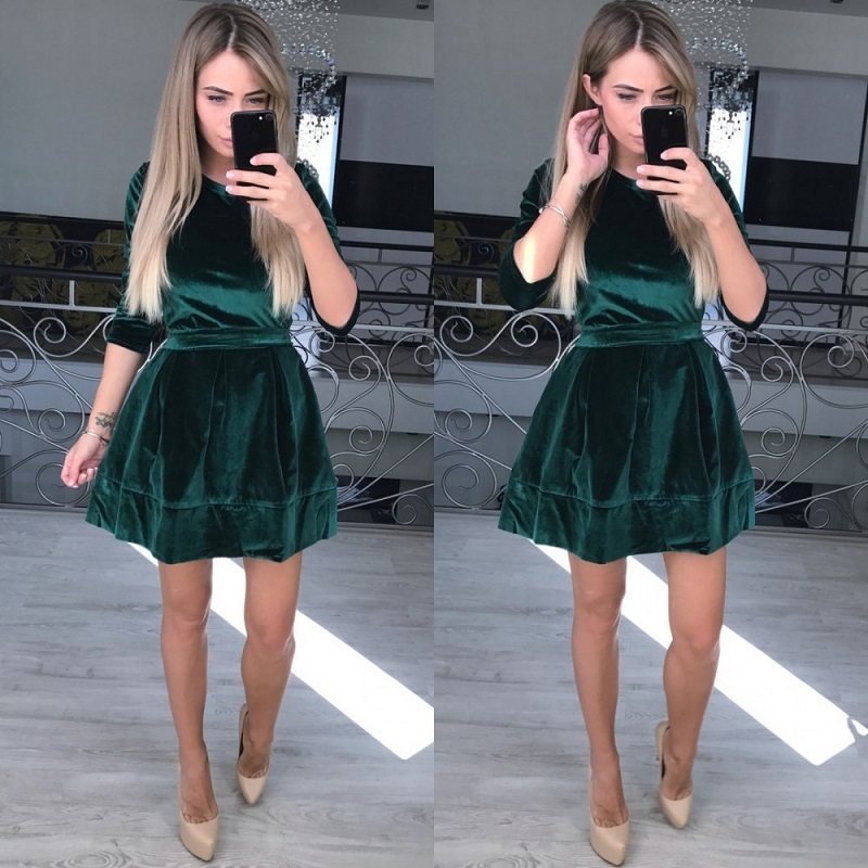 Elsvios Women Retro Velvet Dress 2018 Korean Style Autumn Winter Party Dresses Casual Three Quarter Elegant Mini Dress With Belt Y190514