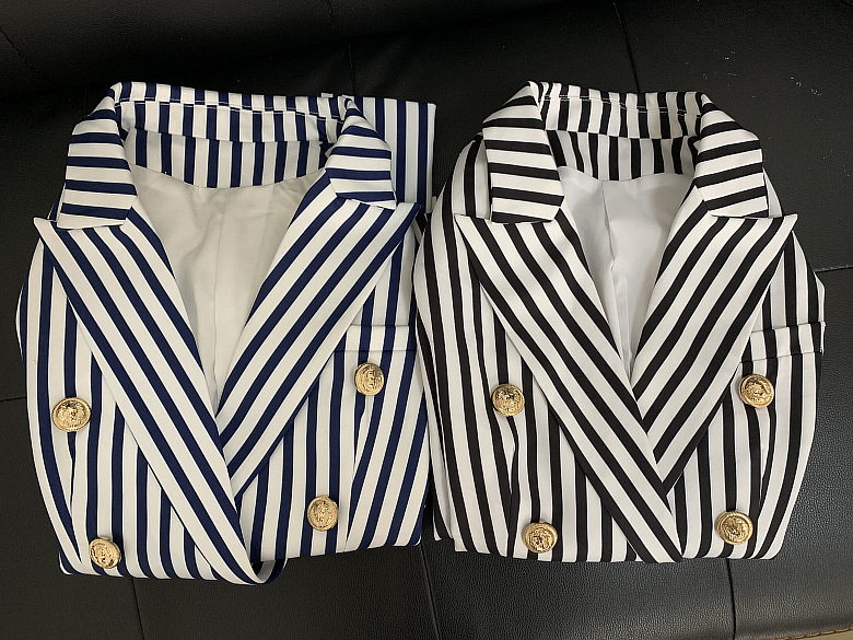 Top Quality Original Design Women's Classic Stripe Blazer Double-Breasted Blazer Business Wear Metal Buckles Jacket Blending Coat Outwear