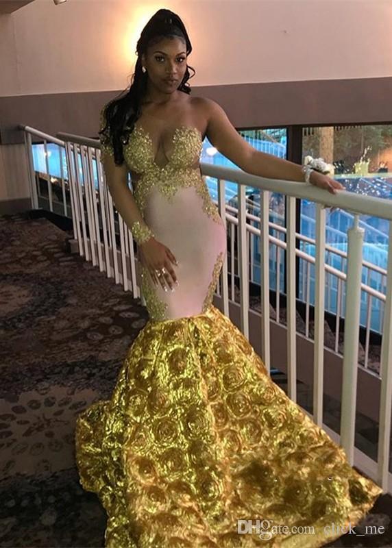Gorgeous Long Sleeves Evening Dresses One Shoulder Gold Lace Appliques Mermaid Prom Dress With Flower Bottom Long Party Gowns African Wear