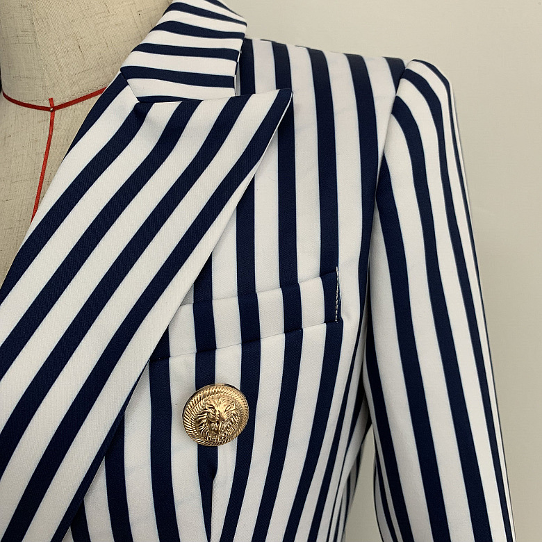 Top Quality Original Design Women's Classic Stripe Blazer Double-Breasted Blazer Business Wear Metal Buckles Jacket Blending Coat Outwear