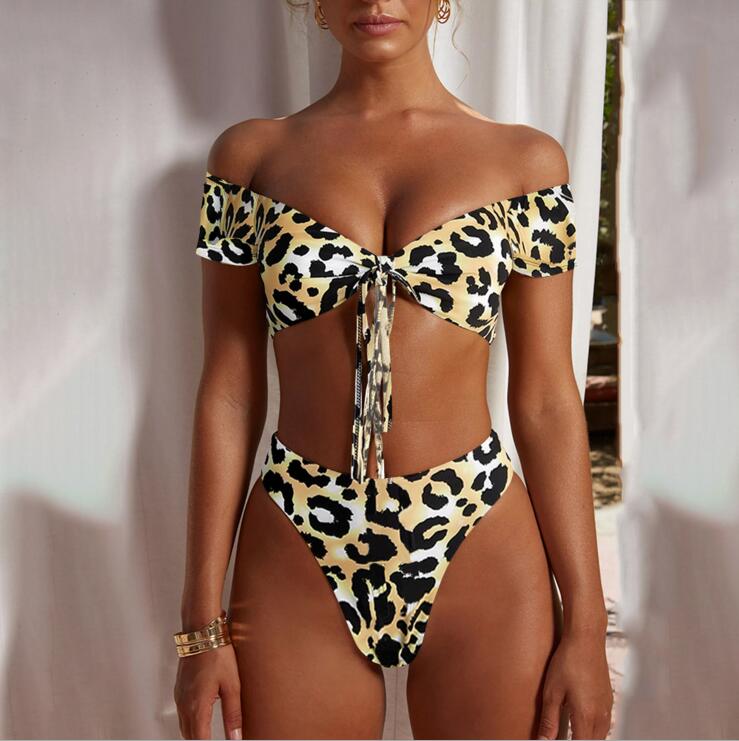 Sexy High Waist Thong Bikini Swimwear Leopard Bandage String Back Swimsuits Two Piece Bathing Suits Tankini6904836