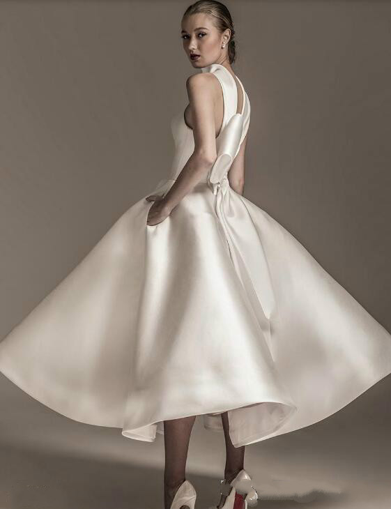 High Collar Elegant Wedding Dress With Pockets Ruffles Bow Satin Bridal Gowns Custom Made Fashion Short Wedding Dresses 2020