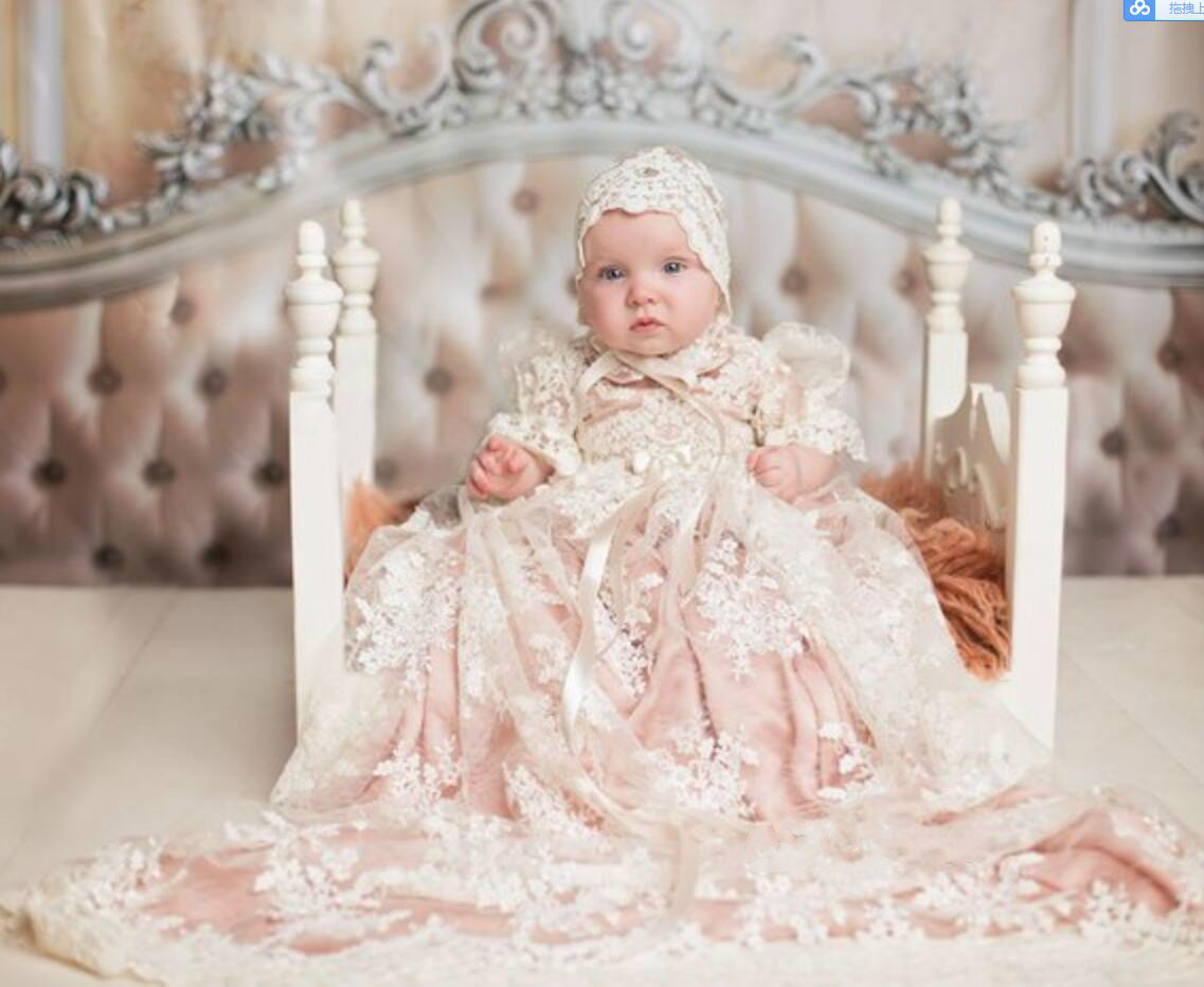 Baptism Dress Girls Christening Gown Set With Pink Underlay Custom Made First Communion Gowns