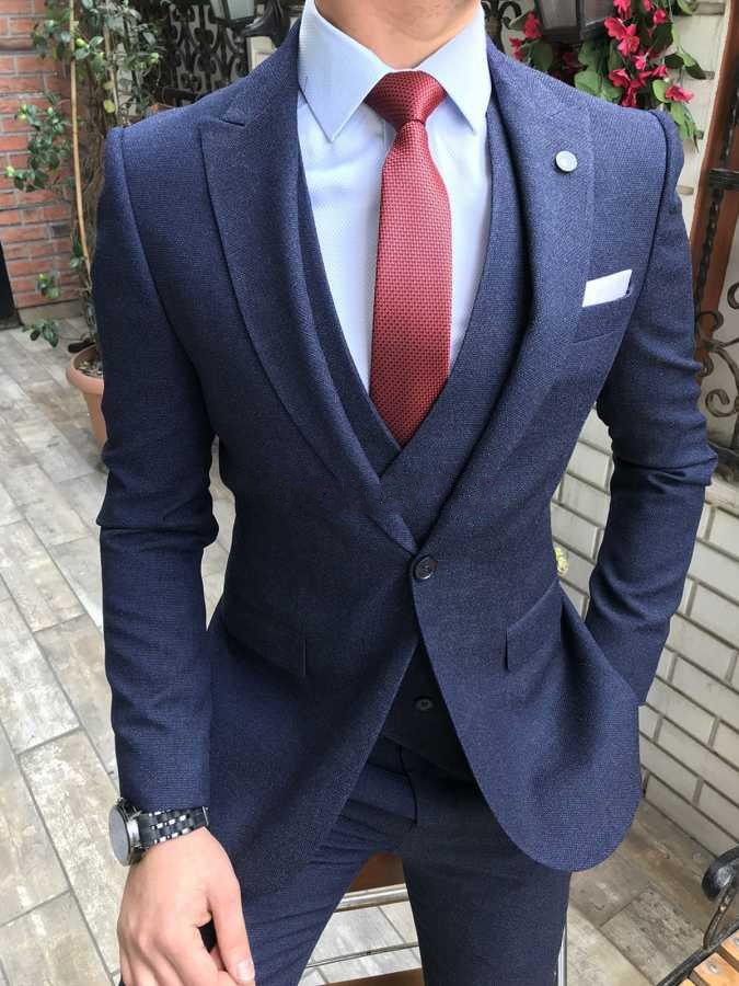 New Design One Button Navy Blue Wedding Men Suits Peak Lapel Three Pieces Business Groom Tuxedos (Jacket+Pants+Vest+Tie) W1165