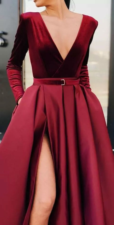 Burgundy Long Sleeve Prom Dresses 2019 Spring V Neck Side Split Evening Gowns Formal Party Dresses Custom Made