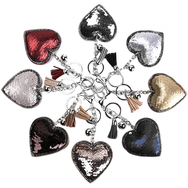 Fashion Sequins Heart Keychains for Women Crystal Rhinestone Pendant Charms Tassel Key Chain Lover Key Ring Gift Car Keyring Holder
