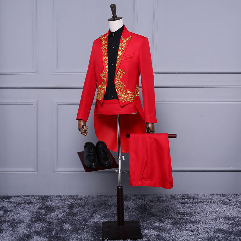 Red White New Style Tuxedos With Tails For Groom Gold Appliques Prom Party Tailcoat para hombre Slim Fit Mens Wedding Tuxedos Custom Made