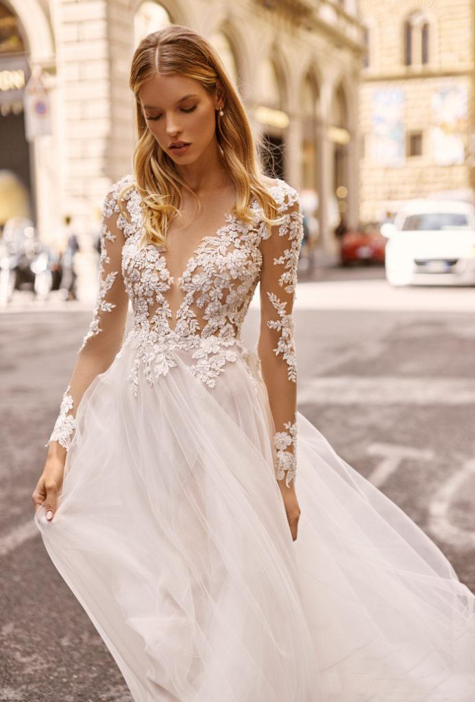 2020 Berta Wedding Dresses V Neck Appliqued Long Sleeves Lace Bridal Gown Backless High Split Robes De Mariée